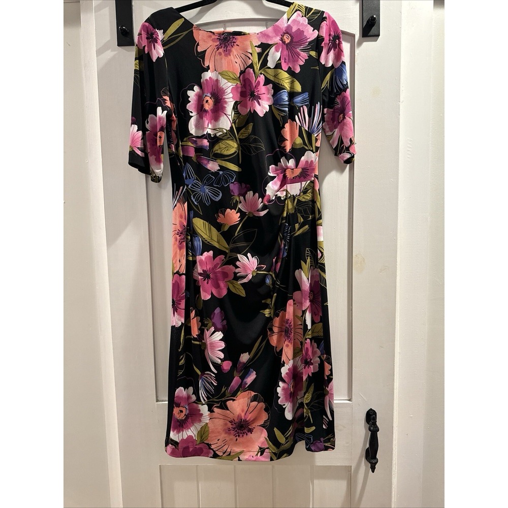 Connected Apparel Womens Size 10 Black Pink Floral Knit Dress 3/4 Sleeve A-Line